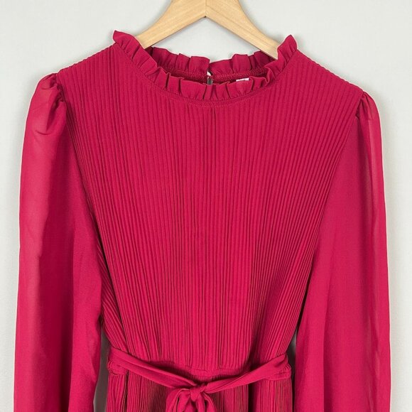 Anrabees Midi Dress XL Maroon Pleated Long Puff Sleeve Ruffle A-line Chiffon NEW - Picture 5 of 16